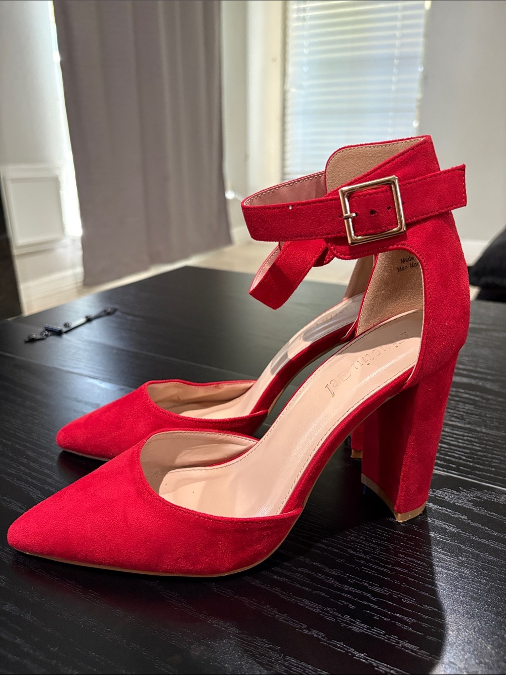 Pointed-Toe Red Suede Ankle-Strap Block Heels